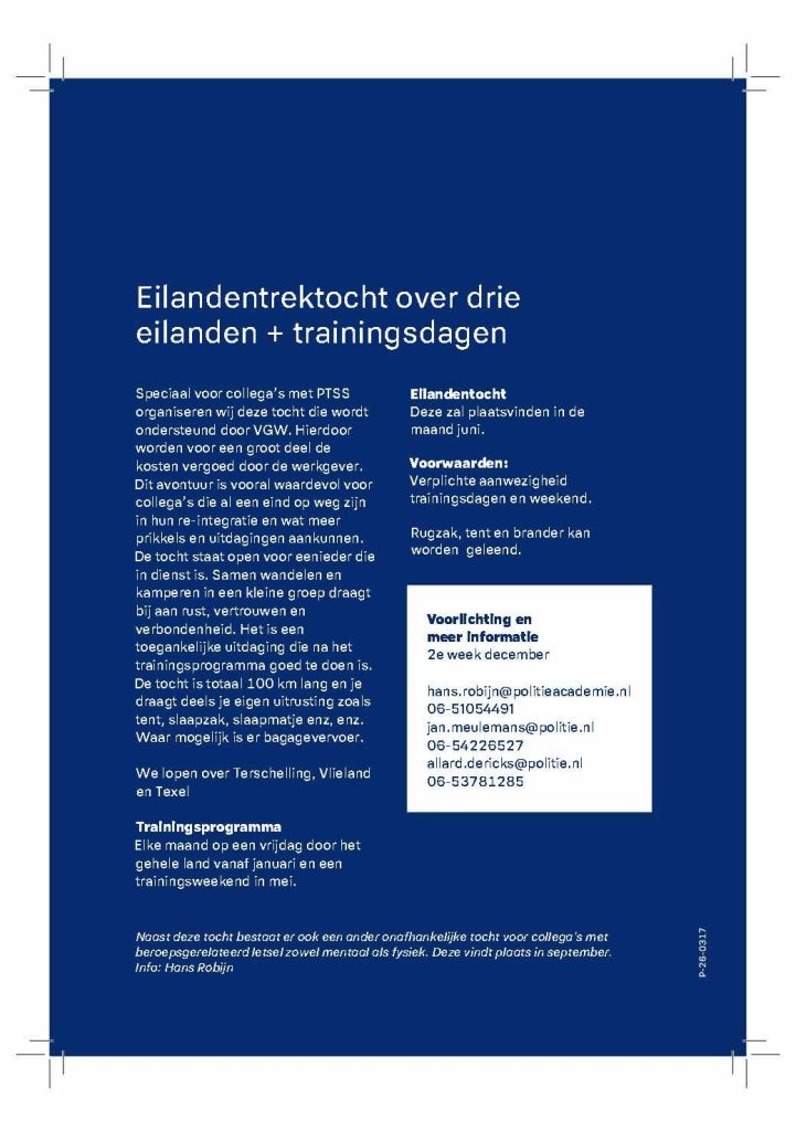 Blue poster describing a three-island trek and training days, with program details and contact info in Dutch.