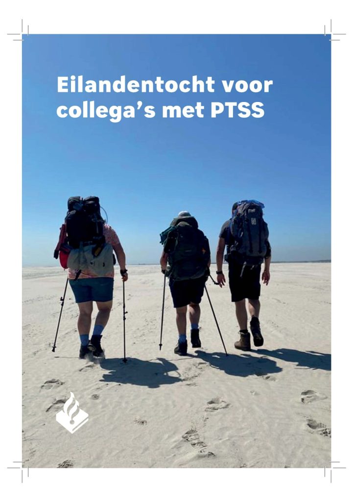 Three hikers with large backpacks walk away on a sunny sandy beach under a blue sky; a PTSS island trek for colleagues is shown.
