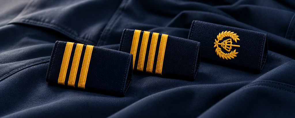 Drie politie-uniformen met verschillende rangonderscheidingstekens